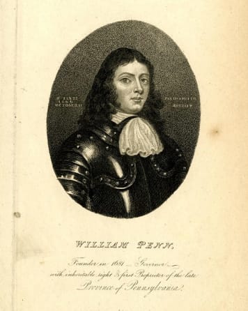 Portrait of William Penn wearing armor and a white collar, with text detailing his role as founder and governor of Pennsylvania.