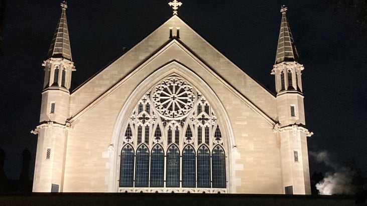 The front of the Chapel at Lincoln's Inn, lit up by flash photography at night.