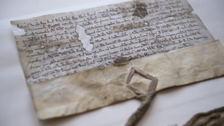 Yellowing parchment with italic script. The parchment is blotched from age, with tears in some sections.