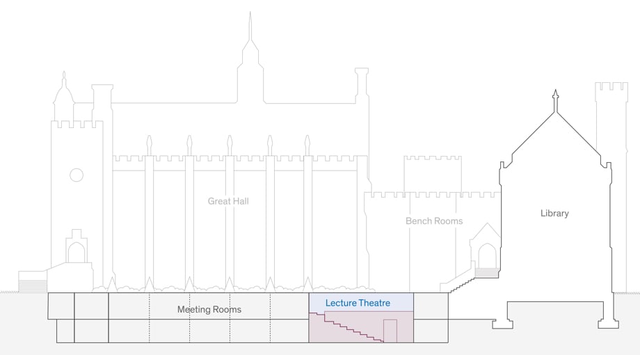 Cross section of historic venue highlighting where the lecture theatre is
