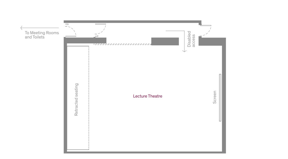 Basic floor plan of lecture theatre showing seating, disabled access and access points