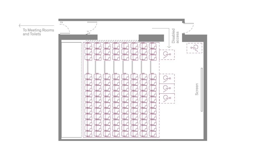 Floor plan of lecture theatre showing seating, disabled seating and access and access points