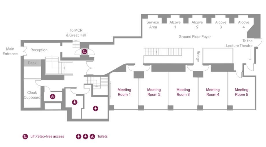 Floor plan of ground floor of the Ashworth Centre showing bathrooms, meeting rooms, foyer, entrance and access points