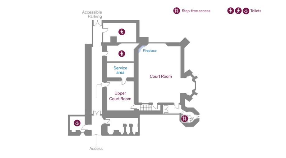Floor plan of historic hall showing bathrooms, service area, court room and upper court room and access points