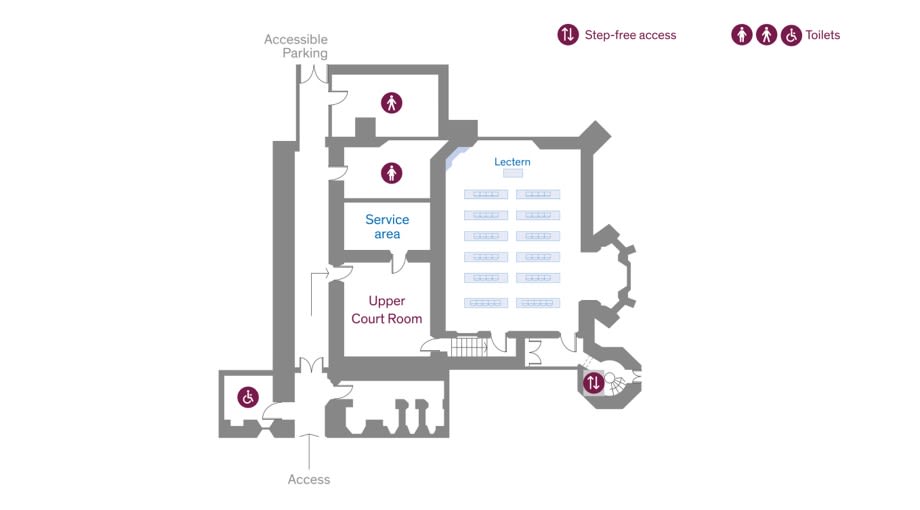 Floor plan of historic hall showing bathrooms, service area, court room and upper court room and access points