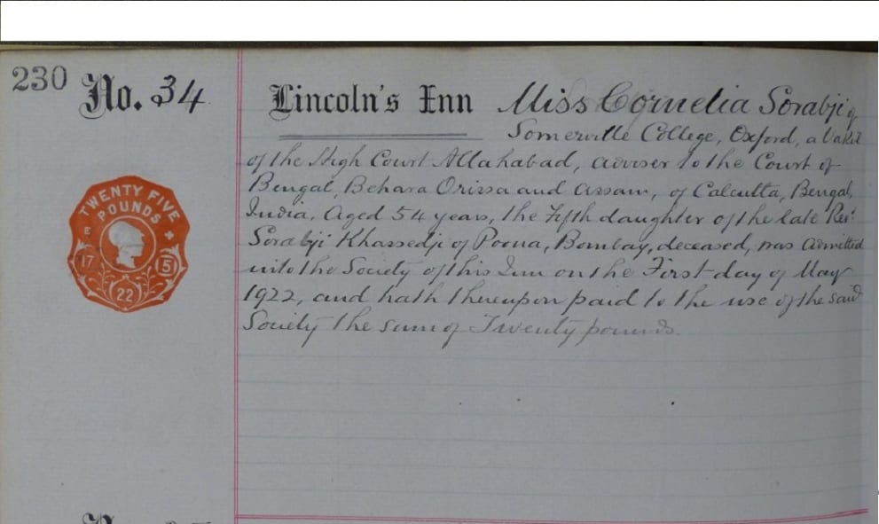 Cornelia Sorabji's entry in the Lincoln's Inn Bar Book. It features hand written text on lined paper.
