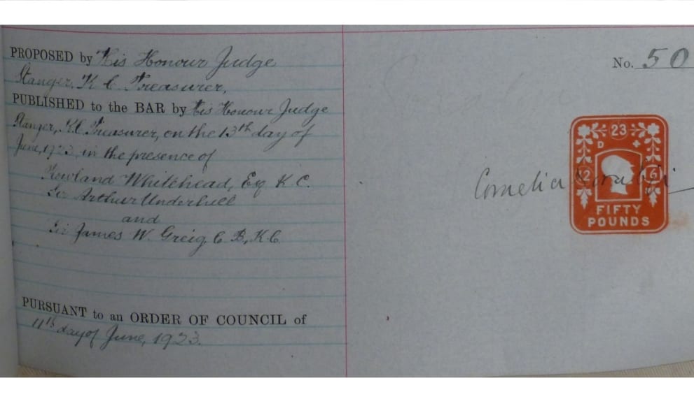 Text written on lined paper, with a red £50 stamp bearing the signature of Cornelia Sorabji on the page next to it.