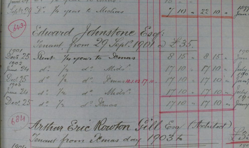 Rent roll recording the three artists as tenants of the third floor (south) of 16 Old Buildings