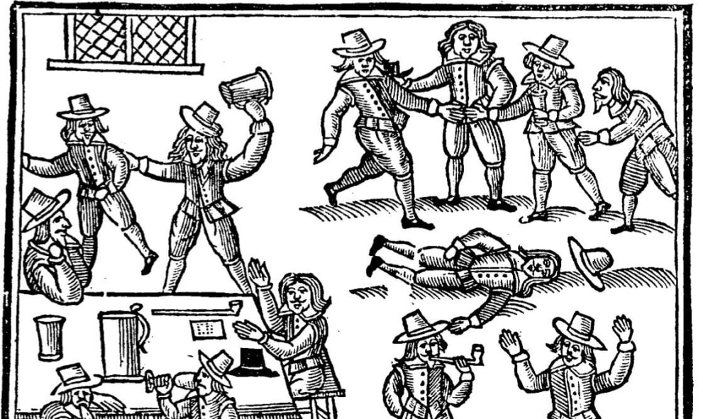 17th century drinking from title page of John Taylor's a Brown dozen of Drunkards 1648