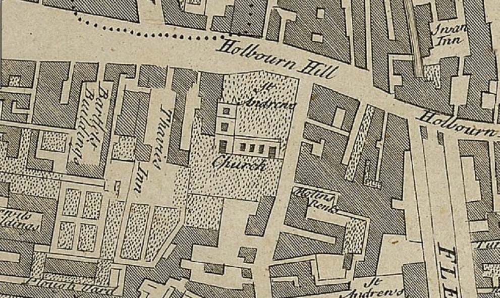 A survey of Farringdon ward showing the position of Thavies Inn, from 1755