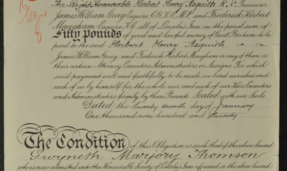 Admission bond of Gwyneth Bebb from 1920, signed by John James Withers and Stanley Buckmaster QC