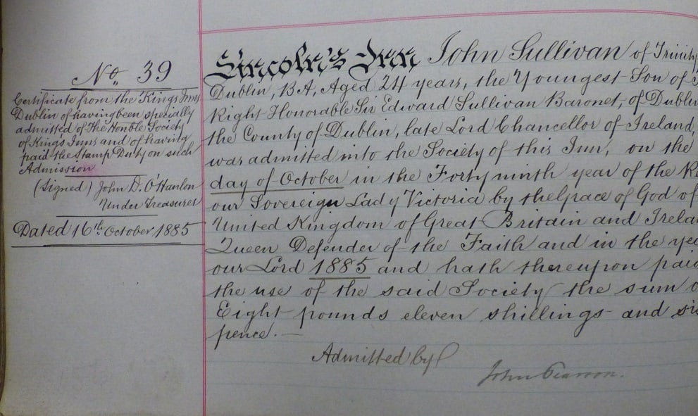 John Sullivan's admission to the Inn- handwritten text on lined paper.