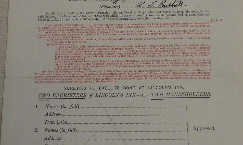 Photograph of a Lincoln's Inn membership application form from the 1930's