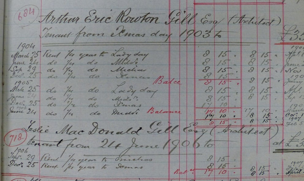 Rent roll recording the three artists as tenants of the third floor (south) of 16 Old Buildings