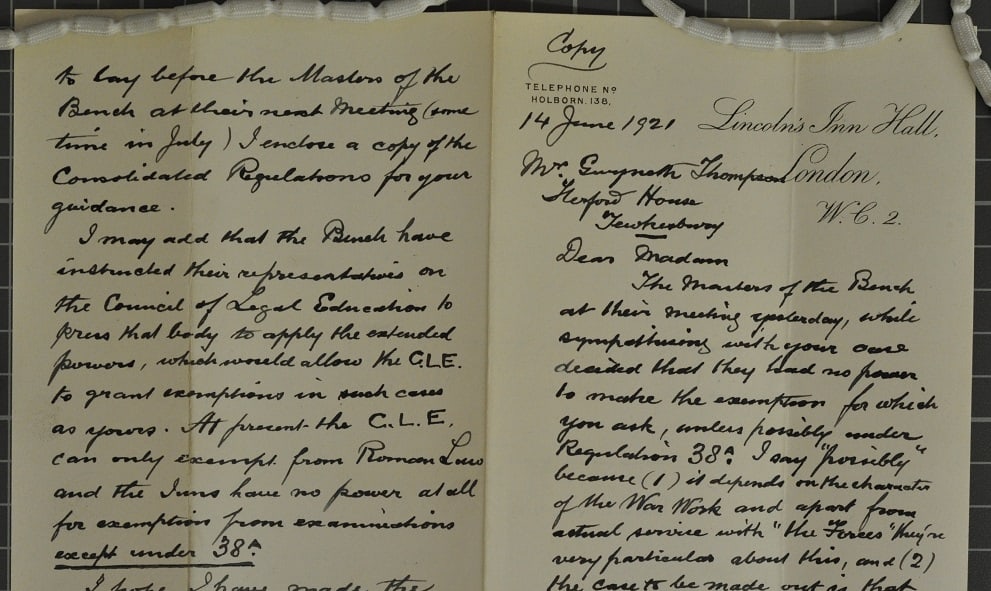 Reply to the petition of Gwyneth Bebb from the Council of Lincoln's Inn, dated June 1921