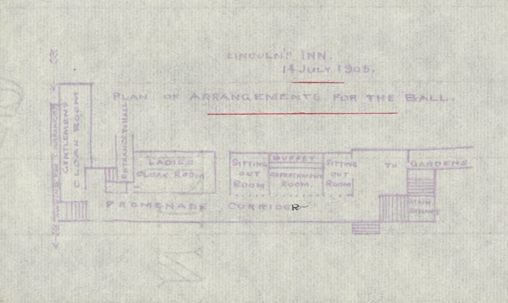 Plan detailing arrangements for a Summer Ball at Lincoln's Inn, 14 July 1905