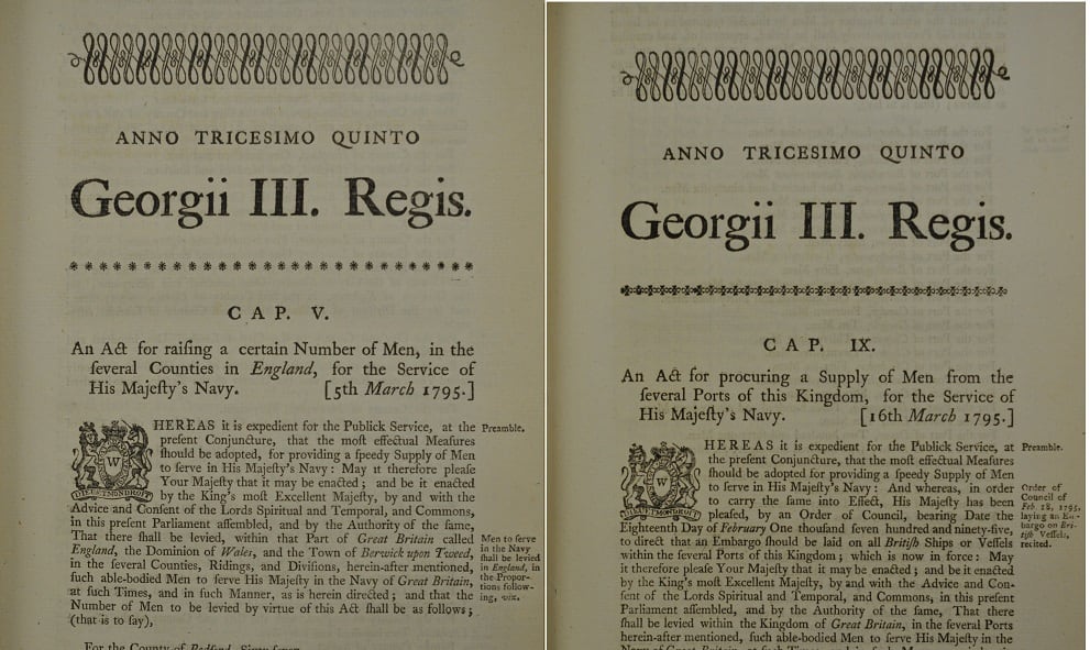 Document from the Lincoln's Inn archives detailig the Quota Act of March 1795, requiring men to join the Navy
