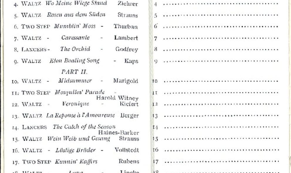 Historic dance programme from the archives of Lincoln's Inn for the Summer Ball, July 1905