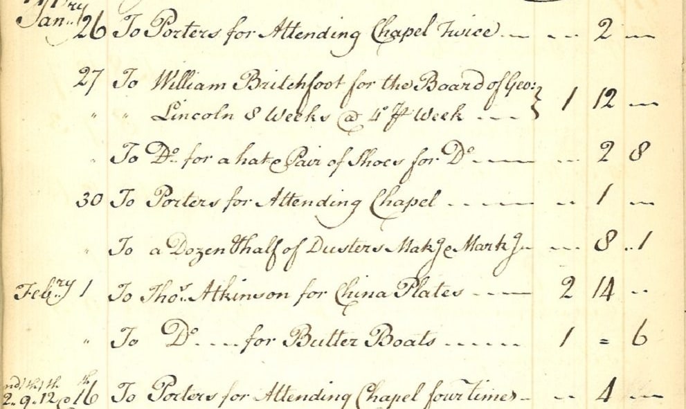 Entry in Lincoln's Inn Accounts from January 1777 listing payments made to William Britchfoot for the care of George Lincoln