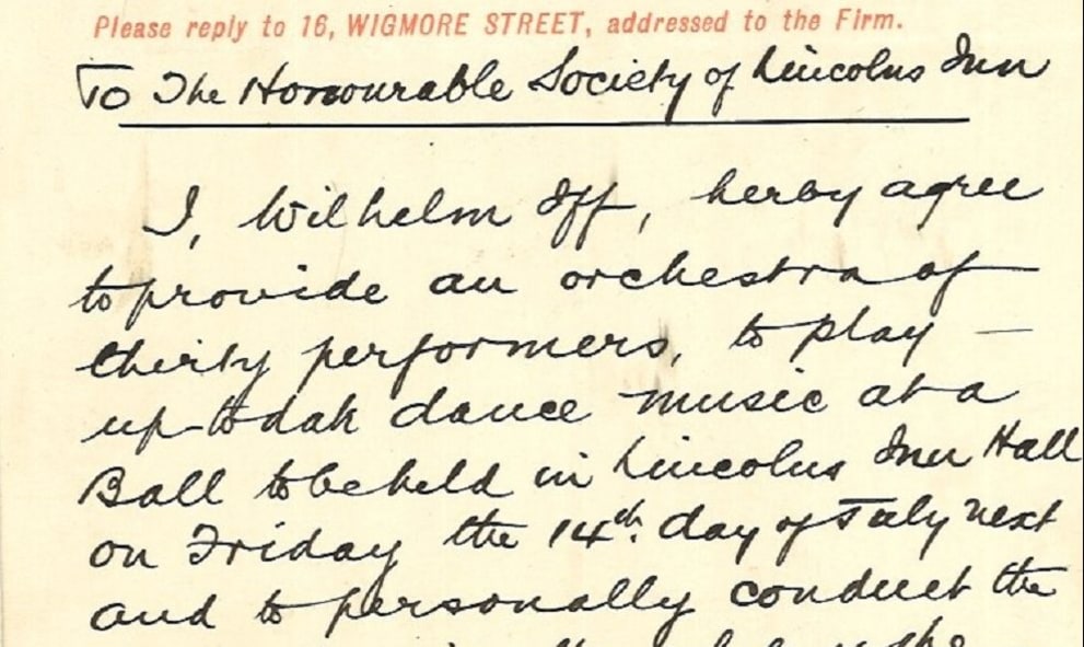 Letter from Wilhelm Iff from the Lincoln's Inn archives confirming a booking for the Summer Ball in July 1905