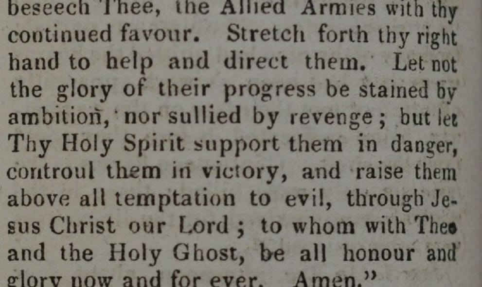 Extract from 'Gentleman’s Magazine' dated July 1815, relating to thanksgiving prayers said in Lincoln's Inn Chapel