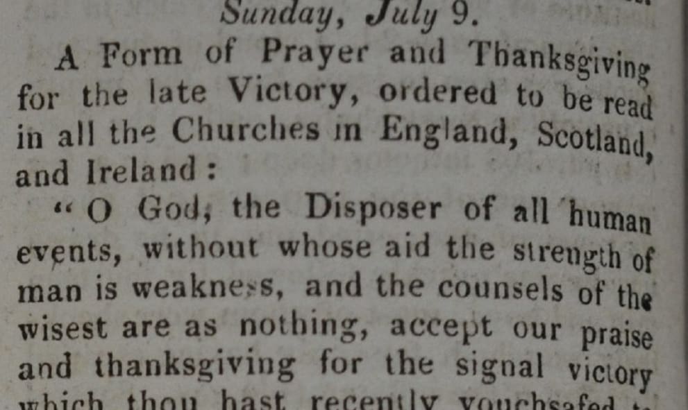 Extract from 'Gentleman’s Magazine' dated July 1815, relating to thanksgiving prayers said in Lincoln's Inn Chapel