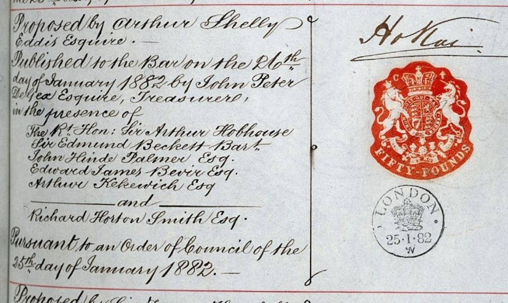 Hand written text on a Bar Book, with an old £50 stamp.