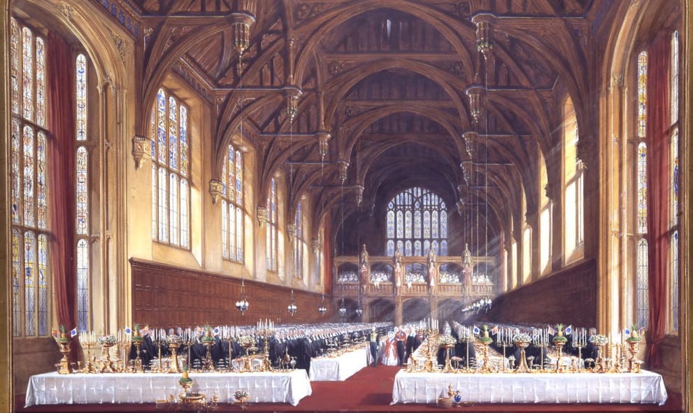 Illustration of the Great Hall of Lincoln's Inn, furnished with white tables that are decorated with candelabras.