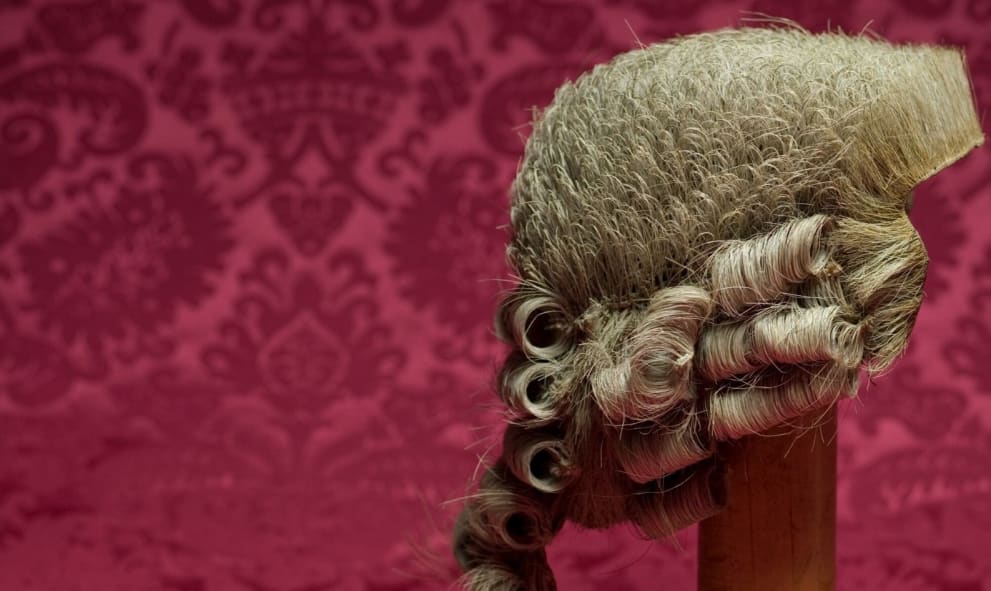 image of wig on wig-stand against red cloth background