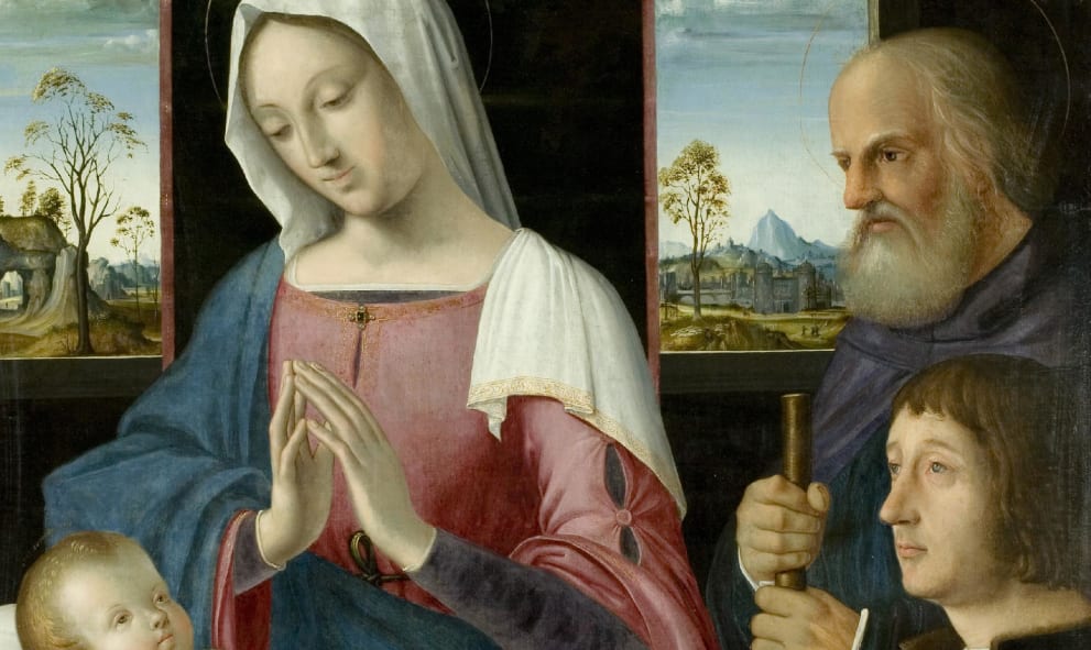 A reformation picture depicting Mary, Joseph and a shepherd praying in front of the infant Jesus.