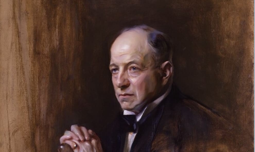 Painted portrait of Richard Burdon. He is a balding white man dressed in a black tuxedo and his hands clasp a wooden cane.