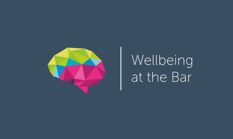 Wellbeing at the Bar logo, depicting a cartoon brain and the words 'Wellbeing at the Bar' in white text.