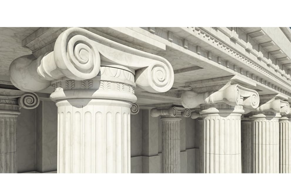 Marble columns in the style of a Greek temple.