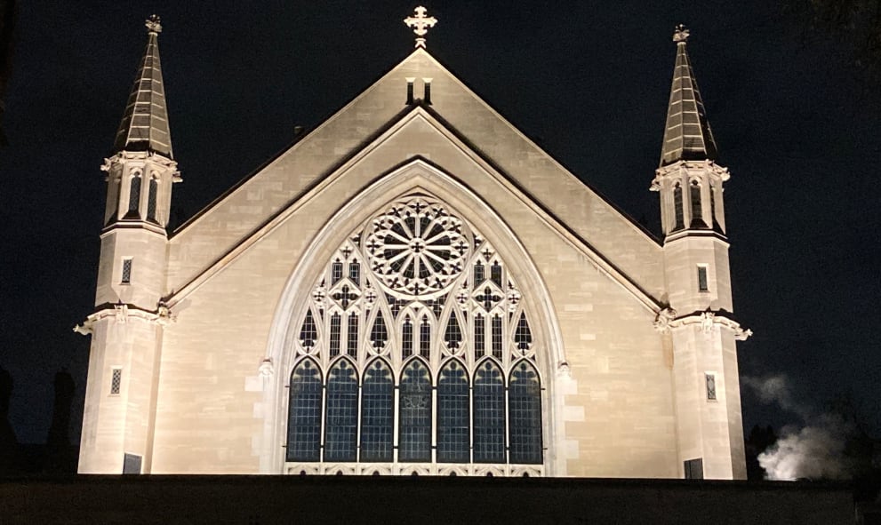 The front of the Chapel at Lincoln's Inn, lit up by flash photography at night.