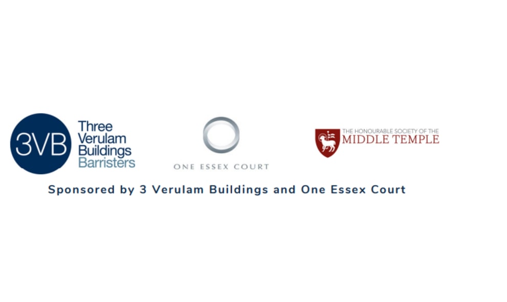 Logos of Middle Temple, 3VB and One Essex Court. Text reads: 'Sponsored by 3 Verulam Buildings and One Essex Court'.