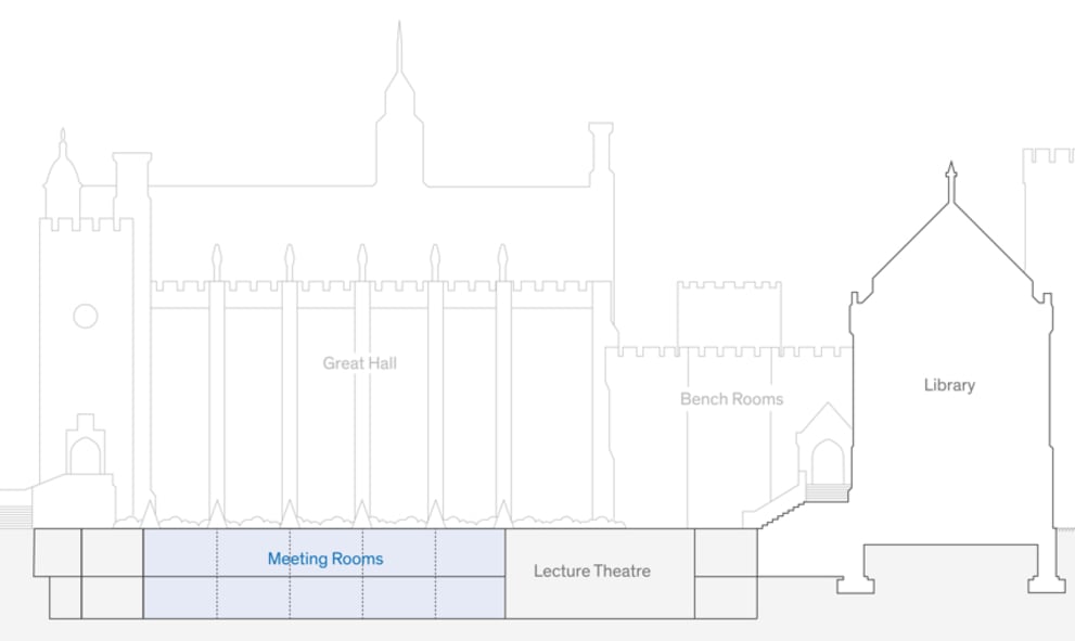 Illustrated floorplan of Lincoln's Inn, depicted Great Hall, meeting rooms, lecture theatre, Bench Rooms and Library.