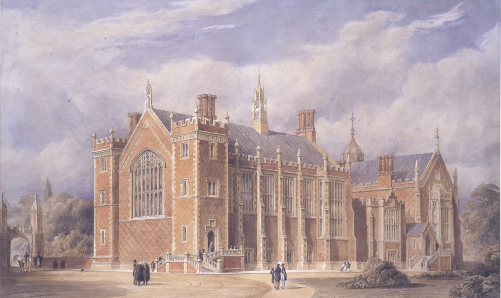 A victorian painting of the exterior of the Great Hall/Treasury Building