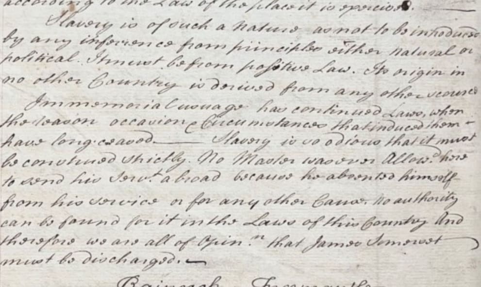 Handwritten manuscript extract of Serjeant Hill's version of Lord Mansfield's opinion