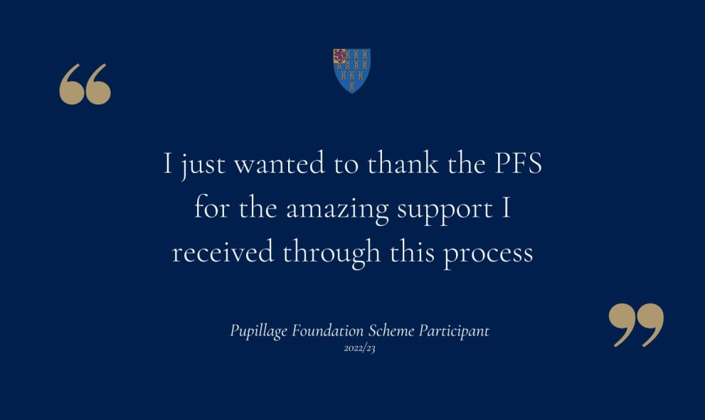 A quote from a PFS participant (navy background with white text in gold quotation marks: