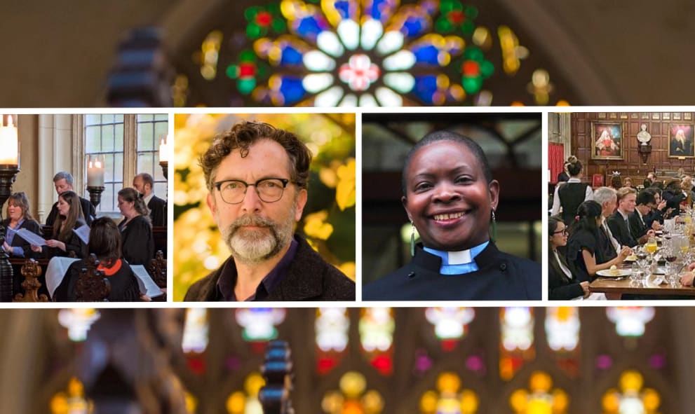 Collage of stained glass window, Peter Mculloch, Bishop Rose and the Inn choir