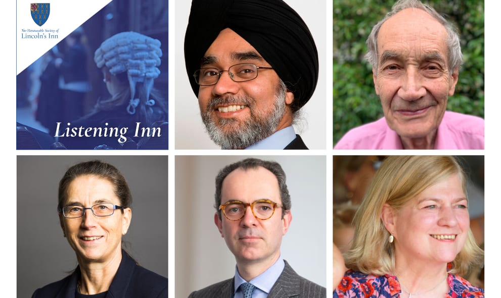 Collage of headshots/ Top row (left to right) back of head of woman barrister in wig, The Rt Hon Sir Rabinder Singh, David Ainger. Bottom row (left to right): Elspeth Talbot Rice KC, David Scorey KC, Her Honour Judge Whitehouse KC