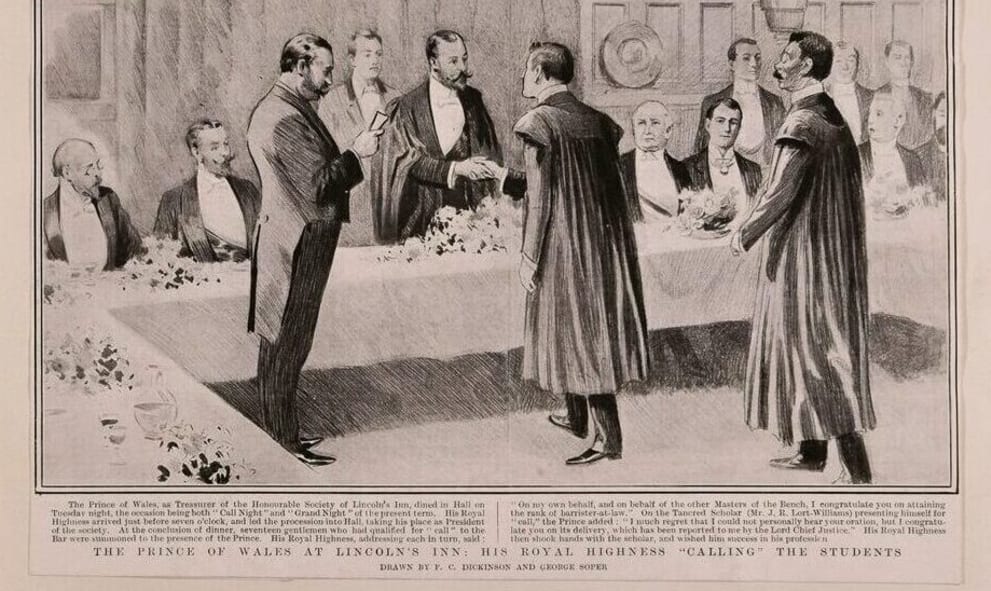 Black and white printed drawing of the Prince of Wales, in legal gown and Black tie dress greeting students on Call Day. He is stood at high table with Benchers sat along from him.