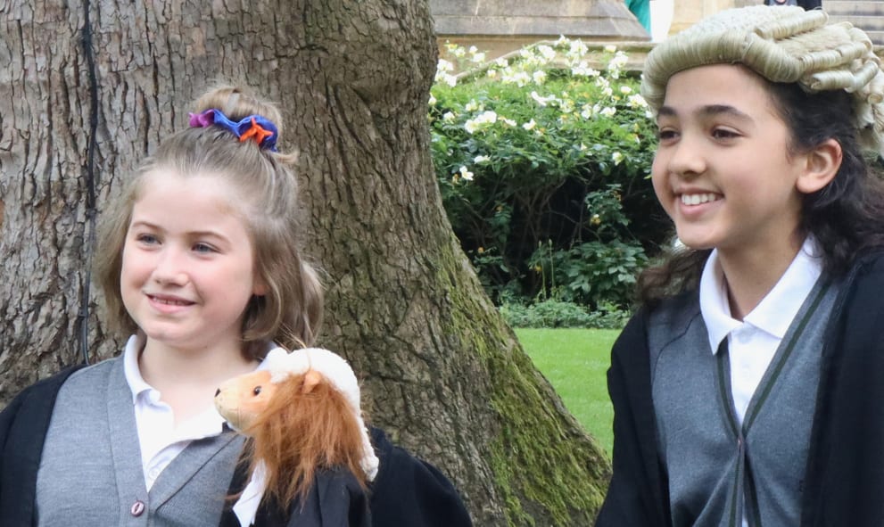 Two Deansfield Primary School Pupils dressed up a barristers at Lincoln's Inn Open Gardens 2024