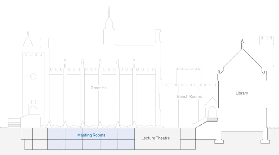 Cross section of historic venue highlighting where the meeting rooms are