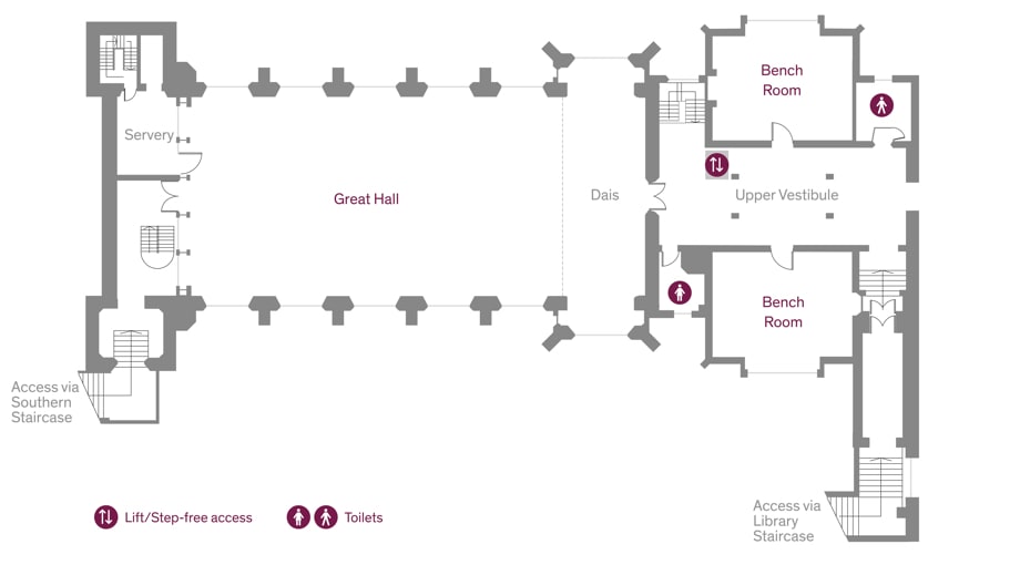 Basic floor plan of Great Hall service area, bathrooms and access points