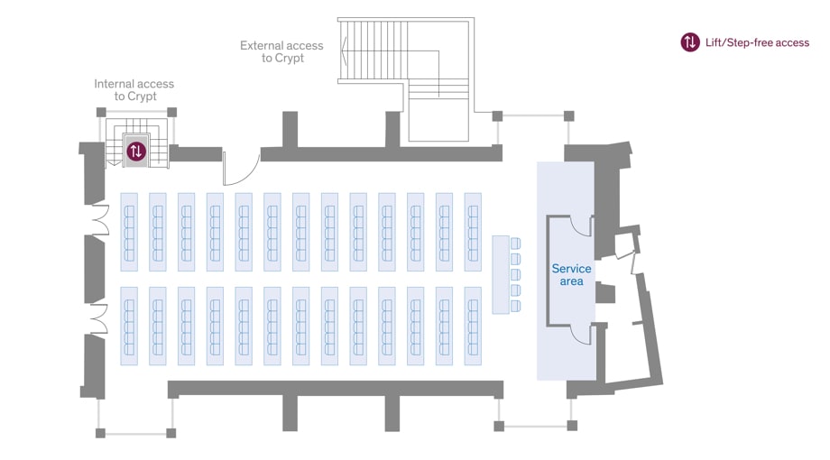Floor plan of Old Hall showing a theatre layout and access areas