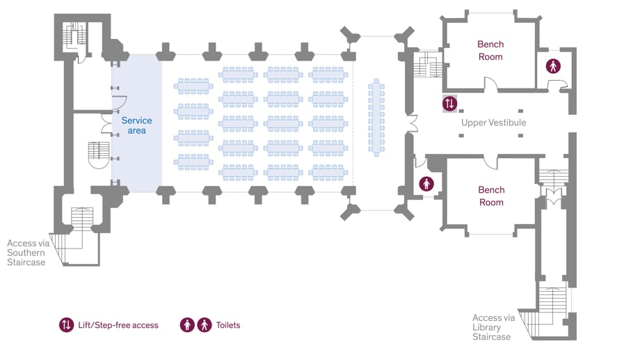 Floor plan of Great Hall with dinner layout showing tables, service area, bathrooms and access points