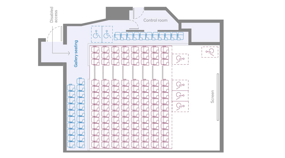 Floor plan of lecture theatre showing seating, disabled seating and access and access points