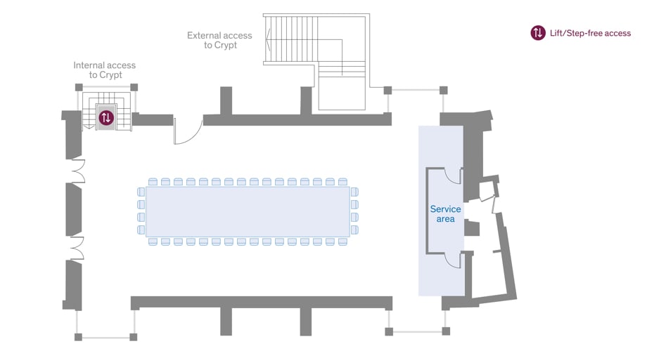 Floor plan of Old Hall showing a boardroom layout and access areas