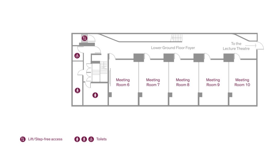 Floor plan of first floor of the Ashworth Centre showing bathrooms, meeting rooms, entrance and access points